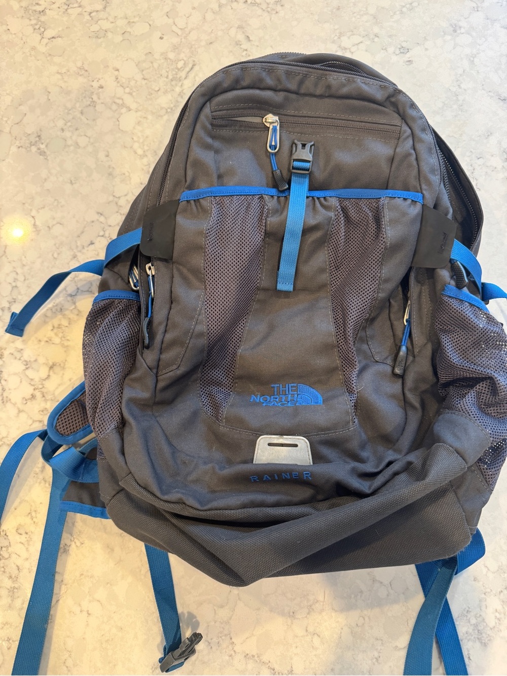 The North Face Rainer Backpack Gray Blue Hiking Laptop Travel School Book Bag